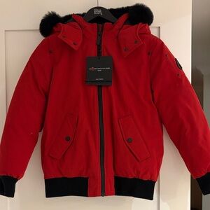 Moose Knuckles Kids Red Hooded Puffer Jacket with Black Fur Trim